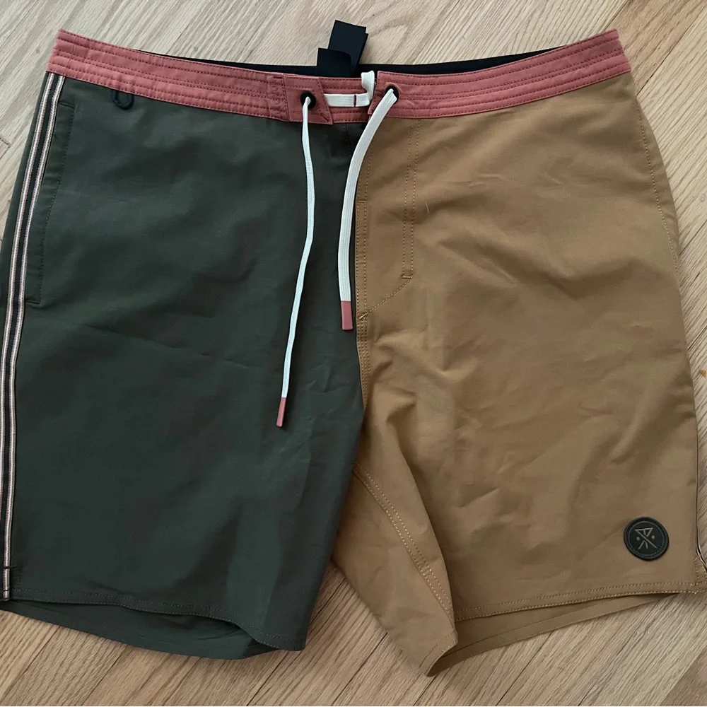 Roark Olive Green & Tan Colorblock Swim Shorts with Dusty Rose Waistband